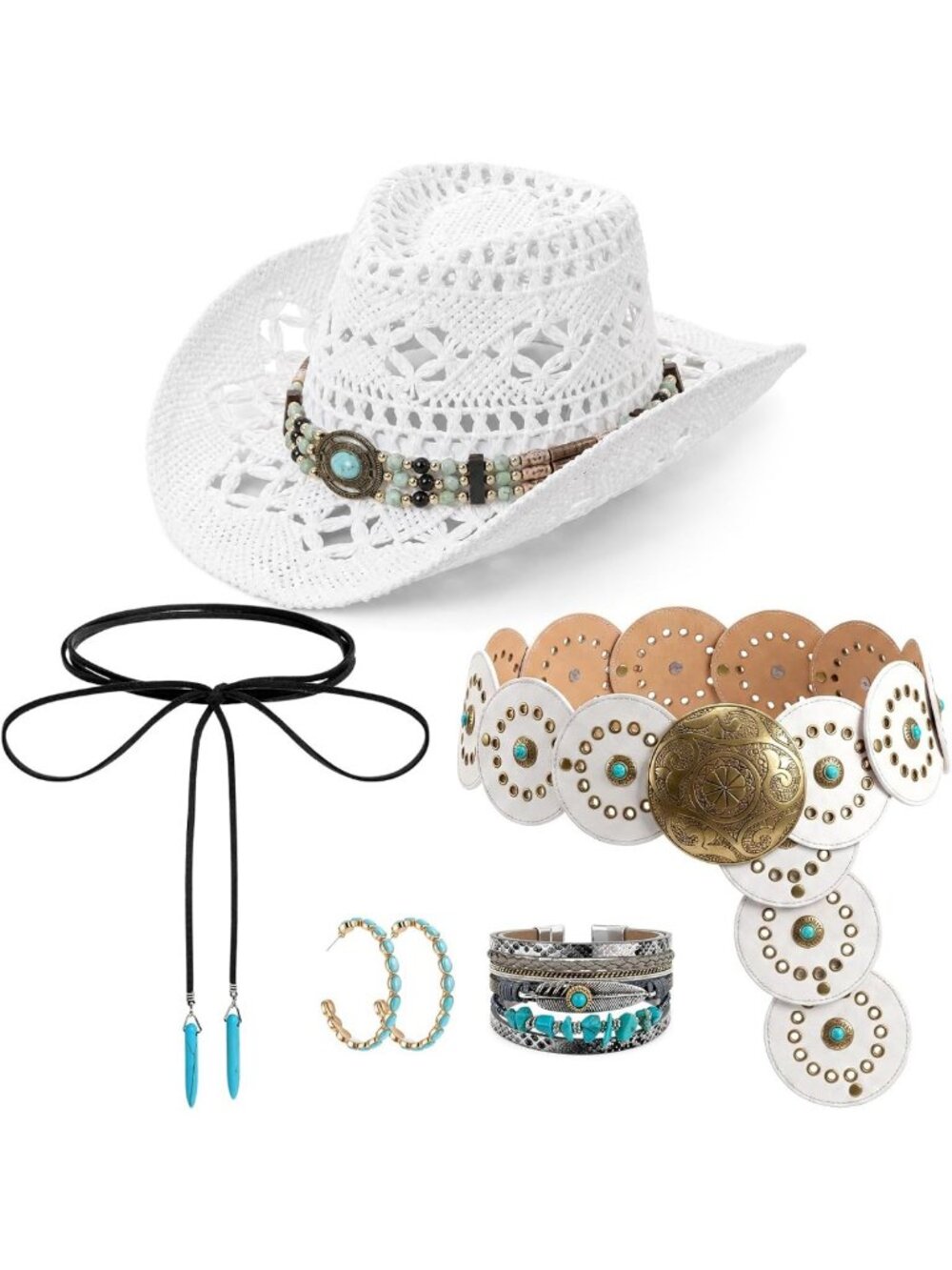 5-Piece Western Cowboy Hat Set with Belt & Choker - Perfect for Country Style!